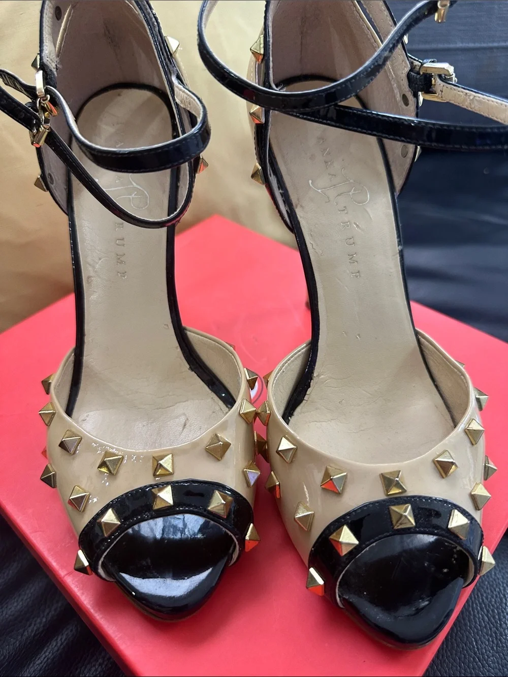 Studded Two-Tone Ankle Strap Peep-Toe Heels - Beige/Black
